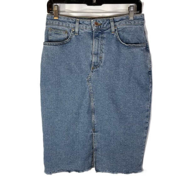 Denim Co Est 1969 Midi Jean Skirt Size 8 Light Wash Distressed Hem Front Slit - Picture 2 of 10